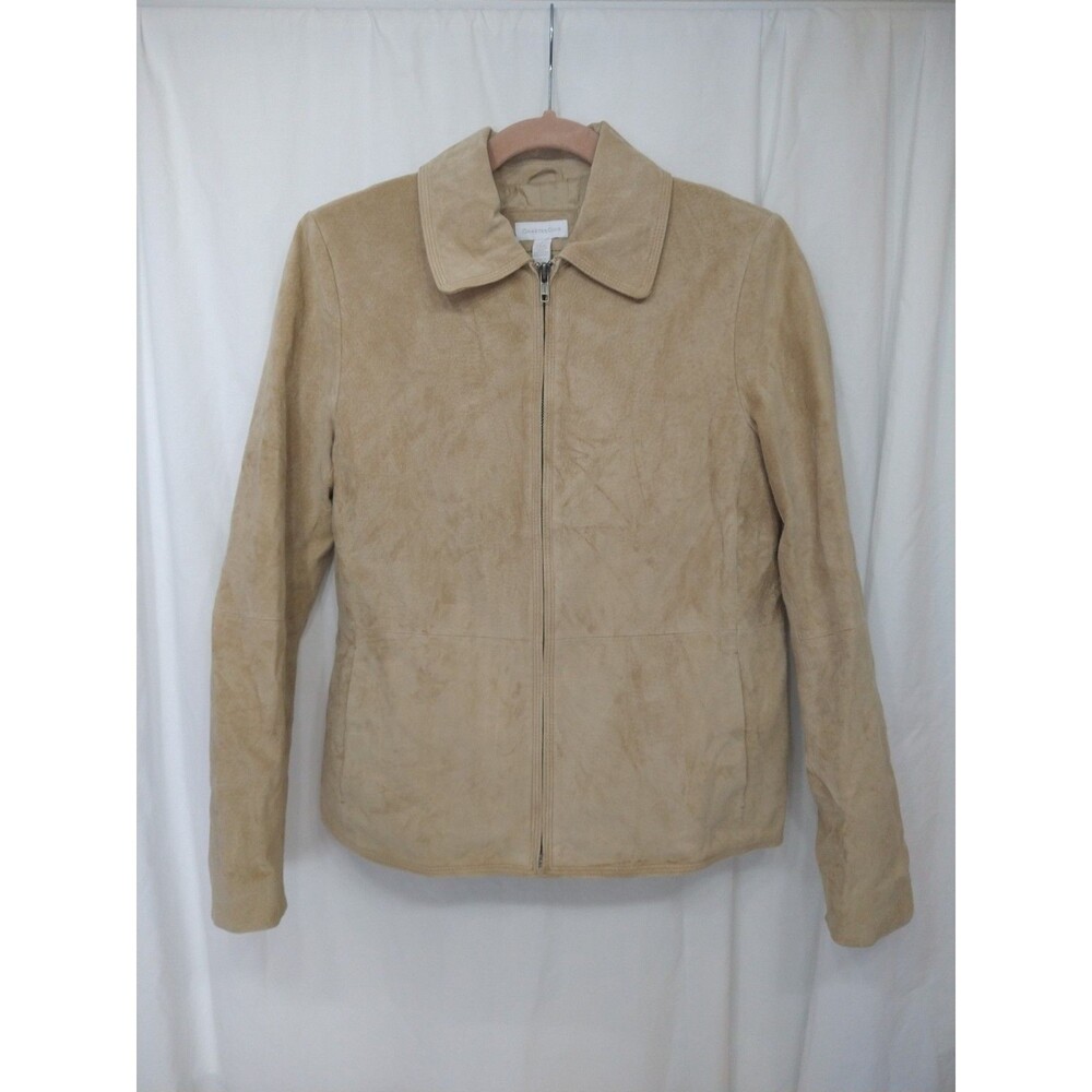 Charter Club Size M Suede Leather Zip Front Jacket Tan Brown Pockets